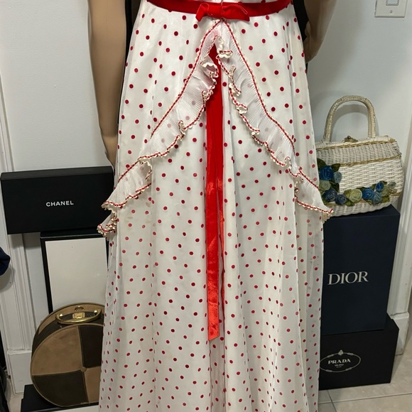 Vintage 1960s white and red polka dots gown with ruffles Size Small - Picture 6 of 12